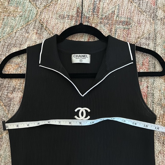 CHANEL BLACK AND WHITE EMBROIDERED CLASSIC LOGO KNIT RIBBED POLO TANK TOP SMALL - Picture 4 of 5
